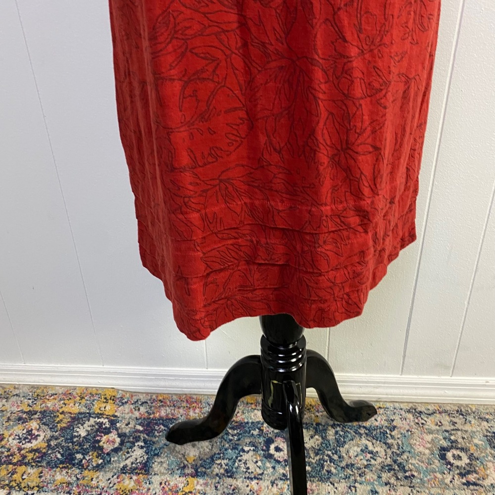 Nicole Miller Sz M Terracotta Red Linen Blend Tropical Leaf V-Neck Shift Dress - Picture 9 of 10